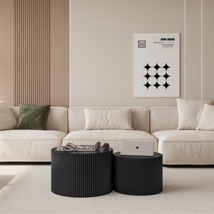 Set of 2 Round Coffee Table Cocktail Table Drum Circle Center Table Side Table with Wave Stripe, Black/Beige-HABITRIO - 1 of 4