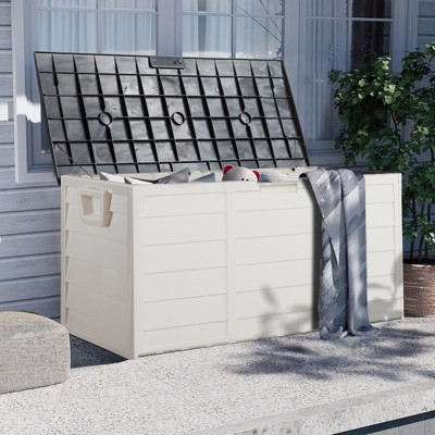 VisioGear 75gal Lockable Outdoor Garden Plastic Storage Deck Box for Tools Cushions Toys, Black & Beige, 44"*19.3"*21.3"