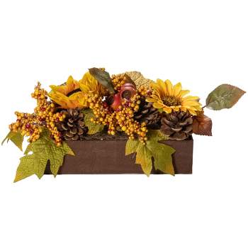 Northlight 10" Yellow and Brown Sunflowers and Leaves Fall Harvest Floral Arrangement
