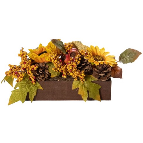 Northlight 10" Yellow and Brown Sunflowers and Leaves Fall Harvest Floral Arrangement - image 1 of 4
