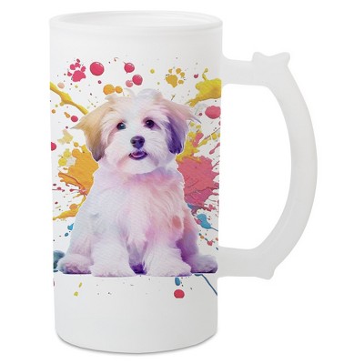 100 North Freezable Beer Stein Mug With Thumb Grip Handle, 16 Ounce Frosted Glass, Havanese Dog Paint Splatter
