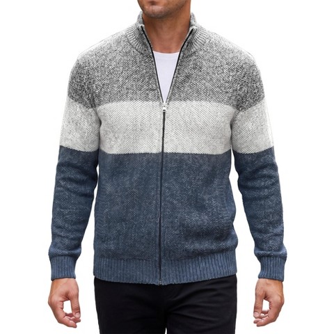INSPIRE CHIC Men's Stand Collar Cable Knit Contrast Stripe Sweater Jackets Small Gray Navy