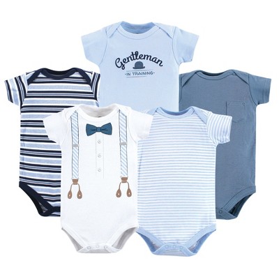 Image of Little Treasure Baby Boy Cotton Bodysuits 5pk, Lt Blue Suspenders, 3-6 Months