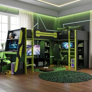 Polibi L‑Shaped Twin Loft Gaming Bed with RGB Lighting, USB Power Hub & Full Storage Workstation Setup - 1 of 4
