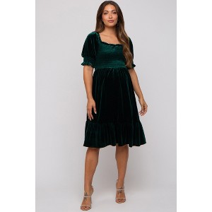 Pinkblush Forest Green Velvet Smocked Puff Sleeve Maternity Dress - 1 of 4