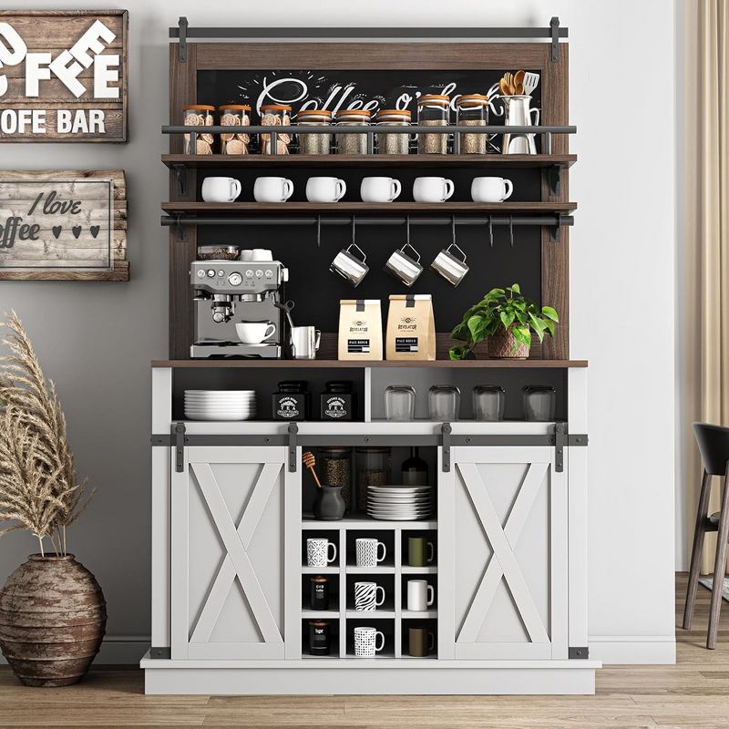 Coffee Bar Cabinet, Farmhouse Buffet Cabinet with Storage, 75" Tall Bar Cabinet Kitchen Buffet Sideboard with Sliding Barn Door and Blackboard, 4 of 8