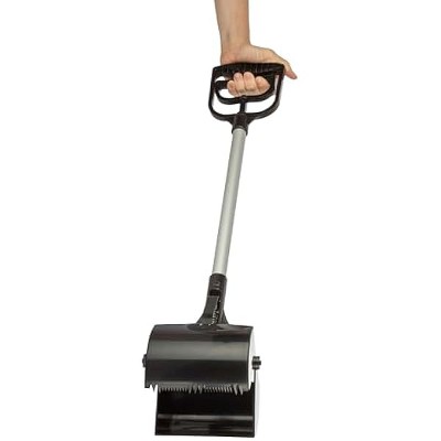 Pet Pooper Scooper - Plastic and Aluminum Cat and Dog Poop Grabber with Long Handle - Enables One-Handed Use on Concrete and Grass by PETMAKER (Black)