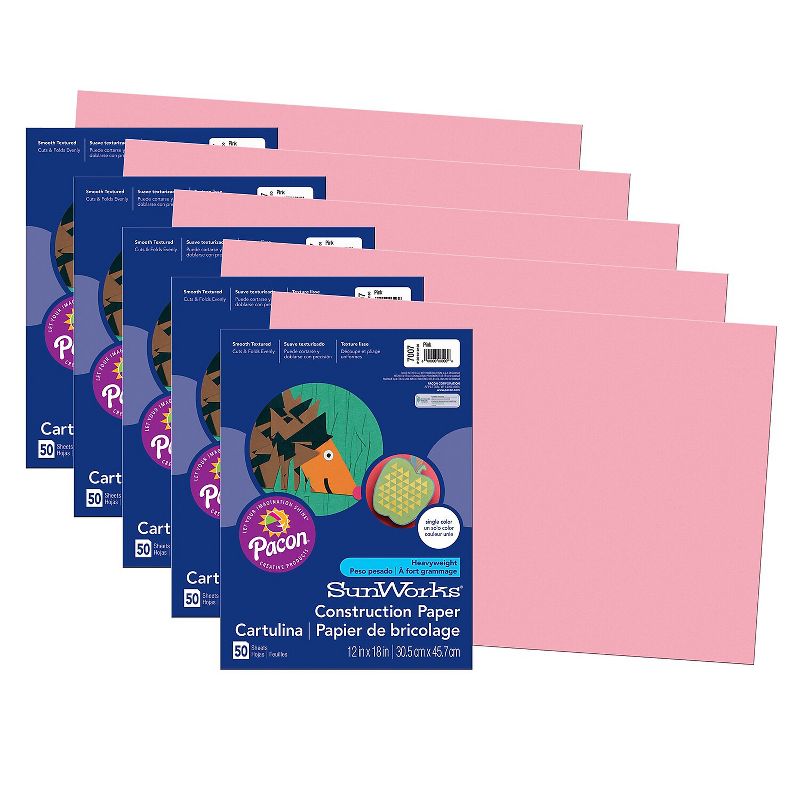 Pacon Prang Construction Paper Pink 12" x 18" 50 Sheets Per Pack 5 Packs (PAC7007-5), 1 of 3