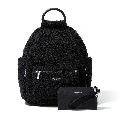 baggallini All Day Backpack with RFID phone wristlet BLACK FAUX SHEARLING