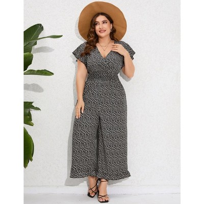 Womens Plus Size Short Sleeve Smocked Waist Wide Leg Summer Jumpsuits
