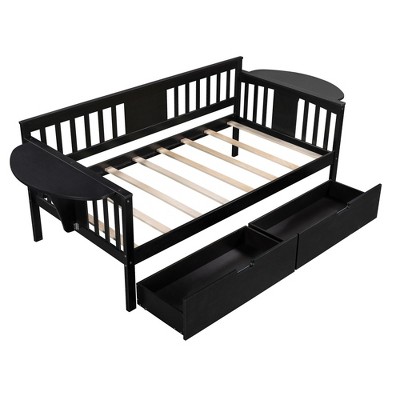 NicBex Twin/Full Size Daybed, Wooden Day Bed With 2 Drawers, Sofa Bed Frame with Foldable Shelves Safety Guardrail