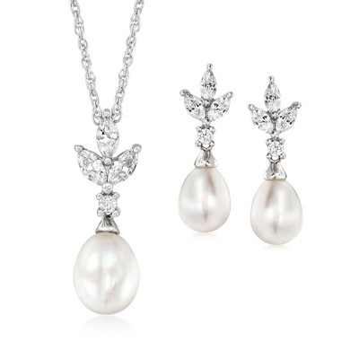 Ross-Simons 6-7.5mm Cultured Pearl and .98 ct. t.w. CZ Jewelry Set: Earrings and Pendant Necklace in Sterling Silver Size 18