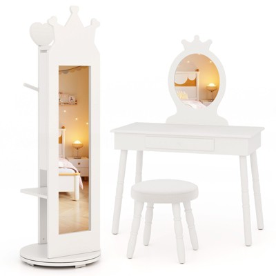 Infans Kids Vanity Set Princess Makeup Dressing Table and Chair Set w/ Coat Rack
