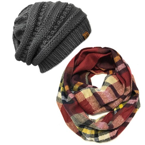 Wrapables Plaid Print Infinity Scarf and Beanie Hat Set, Red/Black and Charcoal Grey Set - image 1 of 4