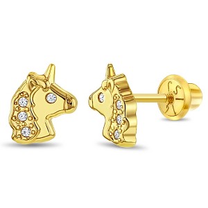 Girls' Glimmering Clear CZ Unicorn Screw Back 14k Gold Earrings - In Season Jewelry - 1 of 4
