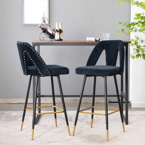 GustoWave 29.5'' Velvet Bar Stools Set of 2 with Back Support and Footrest, Modern Upholstered Kitchen Island Chairs, Black - 1 of 4