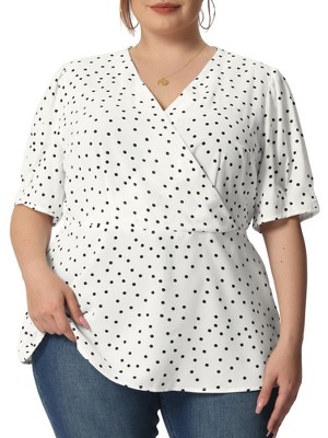 Unique Bargains Women's Plus Size Short Sleeves Polka Dots Peplum Top 