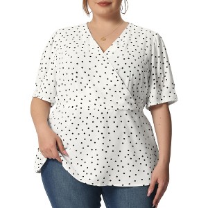 Agnes Orinda Women's Plus Size Polka Dots V Neck Short Sleeve Wrap Peplum Blouse - 1 of 4