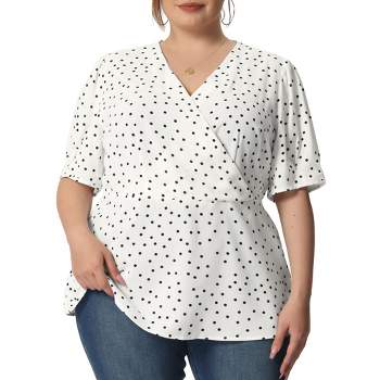 Women Polka Dot V Neck Wrap Shirt Long Sleeve Tops Blouse Black White Plus  Size