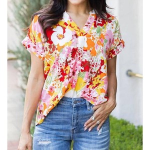Women's Boho Floral Print V Neck Short Sleeves Top - Supreme Fashion - 1 of 3