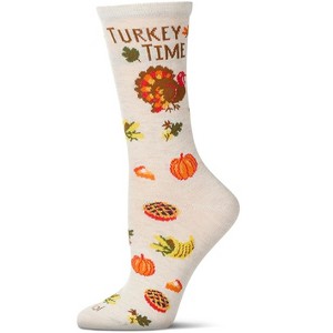 Memoi Women's "Turkey Time" Rayon Blend Thanksgiving Holiday Crew Sock Ivory Heather 9-11 - 1 of 4