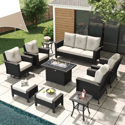 LayinSun Wicker Patio Furniture Set with Fire Pit Table, Classis Outdoor Conversation 360 Degree Swivel Chairs Set with Coffee Table