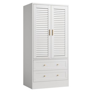 Wooden Armoire Wardrobe Closet - 2 Doors & 2 Drawers, Freestanding Bedroom Storage Cabinet with Shelves - 1 of 4