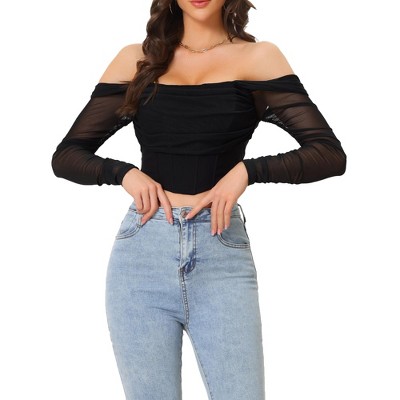 Allegra K Women's Ruched Off Shoulder Push Up Party Mesh Sheer Long Sleeve  Corset Crop Top : Target