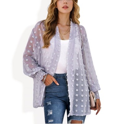 Anna-Kaci Women's Sheer Chiffon Duster with Textured Floral Design - X Large, Light Purple