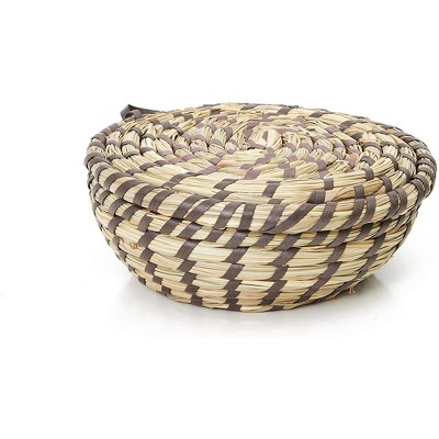 Natural and Brown Seagrass Round Storage Baskets with Lids, Set of 3