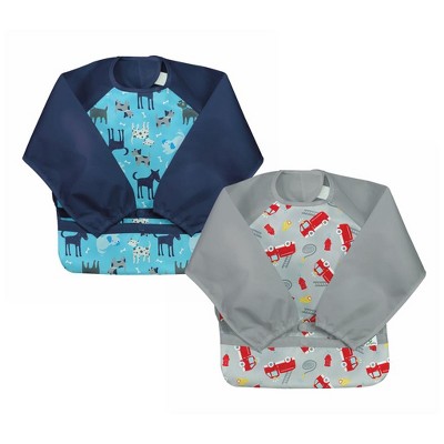 Image of Green Sprouts Snap & Go Easy-wear Long Sleeve Bib (2 pack)-Aqua Dogs & Gray Firetruck-12-24mo