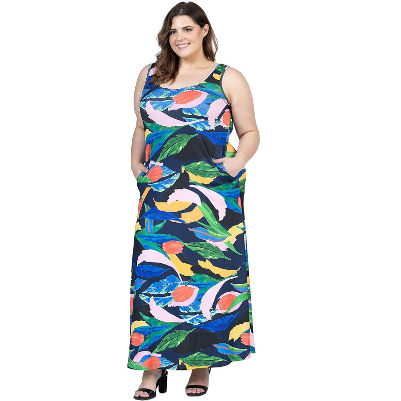 24seven Comfort Apparel Plus Size Teal Floral Print Sleeveless Casual Maxi Dress With Pockets, 2 of 7