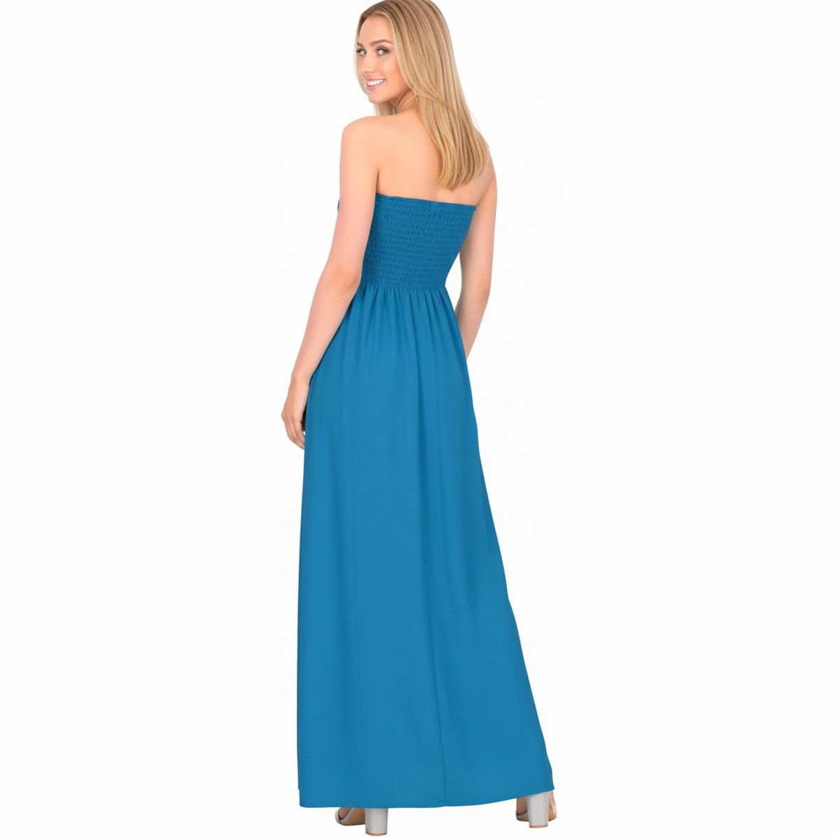 LA LEELA Women's Bandeau Maxi Dress Evening Wear Solid Smocked Top Maxi Slit Dress Casual Strapless Tube Dresses for Women One Size Cobalt, Solid - thumbnail 2
