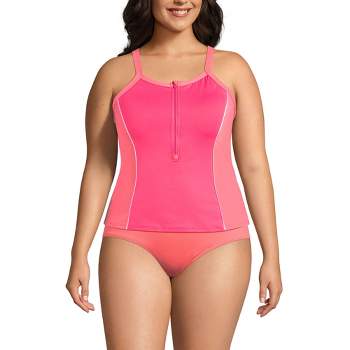 Lands' End Women's Plus Size Chlorine Resistant High Neck Zip Front Racerback Tankini Swimsuit Top - 18W - Rouge Pink/Wood Lily