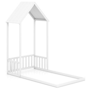 Costway Twin Size House Bed Montessori Floor Bed with House Shape Roof & Semi-Fence Natural/White/Gray - 1 of 1