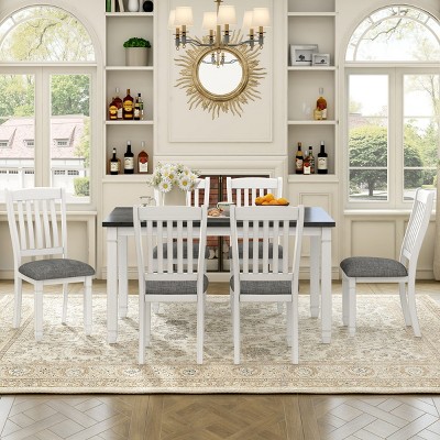 7-Piece Dining Table Set For 6 With Upholstered Chairs, Wood Dining Table Set With Shaped Legs For Kitchen & Dining Room-Cuddlewood