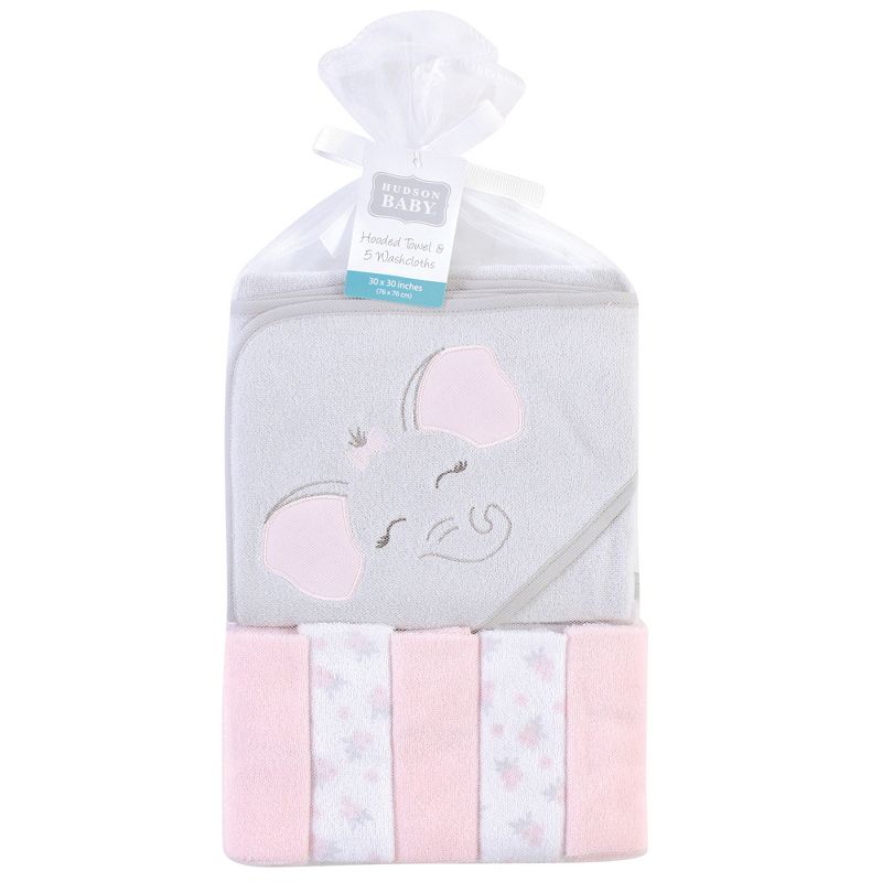 Hudson Baby Infant Girl Hooded Towel and Five Washcloths, Pink Elephant, One Size, 3 of 4