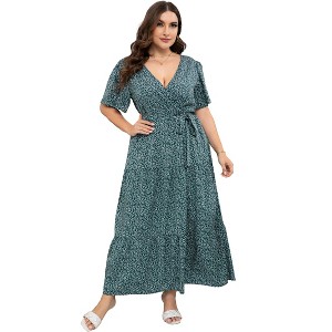 Plus Size Short Sleeves Wrap Maxi Dress V Neck High Waist Ruffle Casual Summer Belt Dress - 1 of 4