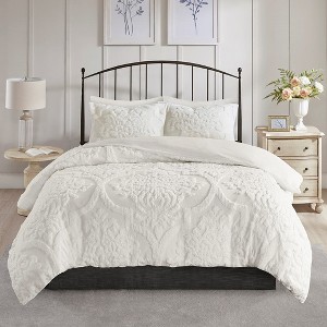 Full/Queen 3 Piece Tufted Cotton Chenille Damask Duvet Cover Set - 1 of 1