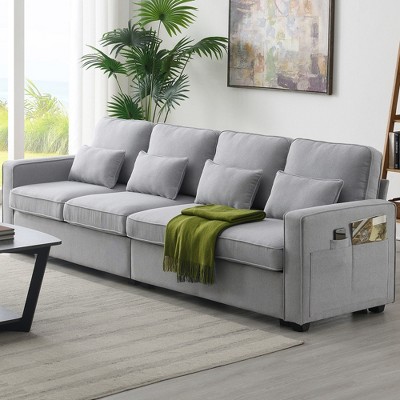 JUJABU 104" Modern 4-Seater Linen Fabric Sofa with Armrest Storage Pockets and 4 Matching Pillows – Minimalist Style for Living Room