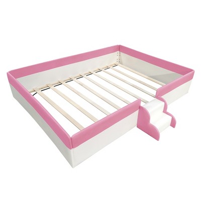 Bellemave PU Upholstered Montessori Floor Bed with Fence & Stairs, Queen Size Floor Bed with Slats for Kids, Girls & Boys (Pink+White)
