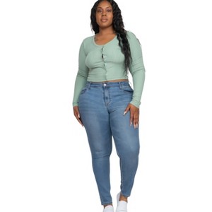 Slickblue Plus Size Button Up Cropped Top, Ribbed Knit, Scoop Neck, Long Sleeve, Fitted Style, Green Bay, Size 1XL-3XL - 1 of 4