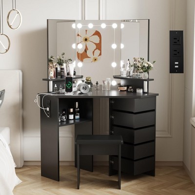 Corner Makeup Vanity Desk with Lights & Power Outlet