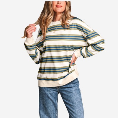 Amaryllis Women’s Striped Pullover Crewneck Long Sleeve Relaxed Fit Casual Fall Sweatshirt
