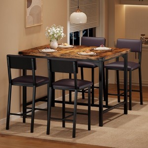 Dining Table Set for 4 — 5-Piece Counter Height Set with Footrest, Metal Corner Guards, 4 Upholstered Bar Stools, Retro Brown for Kitchen, Apartment - 1 of 4
