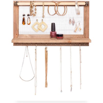 Farmlyn Creek Wooden Hanging Jewelry Organizer, Rustic Wall Display with Hooks (15.75 x 9.3 x 2.75 In)