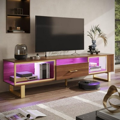 Bestier 70''TV Stand for 75''TV, Modern LED Entertainment Center with Open Storage & Drawer, High Gloss Media Console Table for Living Room