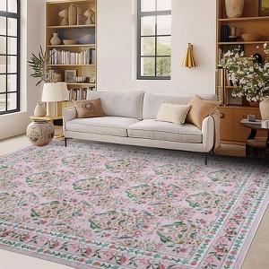 Floral Area Rug - Rustic Natural Design Machine Washable Non-Slip Rug, Soft Bohemian Rug - 1 of 4