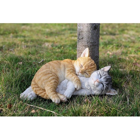 best friends lifelike yellow dog & gray tabby cat kitten love outdoor statue 