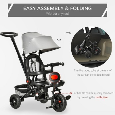 Vynxaria Baby Tricycle 4 In 1 Trike w/ Reversible Angle Adjustable Seat Removable Handle Canopy Handrail Belt Storage Footrest Brake Clutch